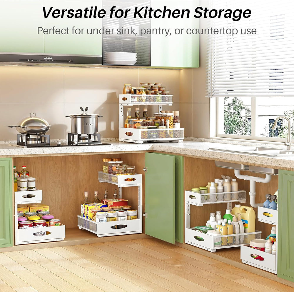 Under Sink Organizer, 2-Pack Pull Out Cabinet Organizer 2 Tier Metal Slide Ou...