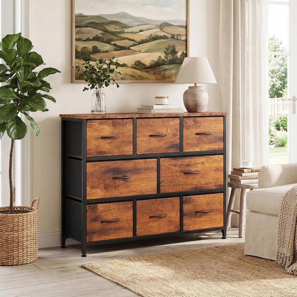 DUMOS Wide Dresser with 8 Fabric Drawers and Wood Top, Chest, Brown