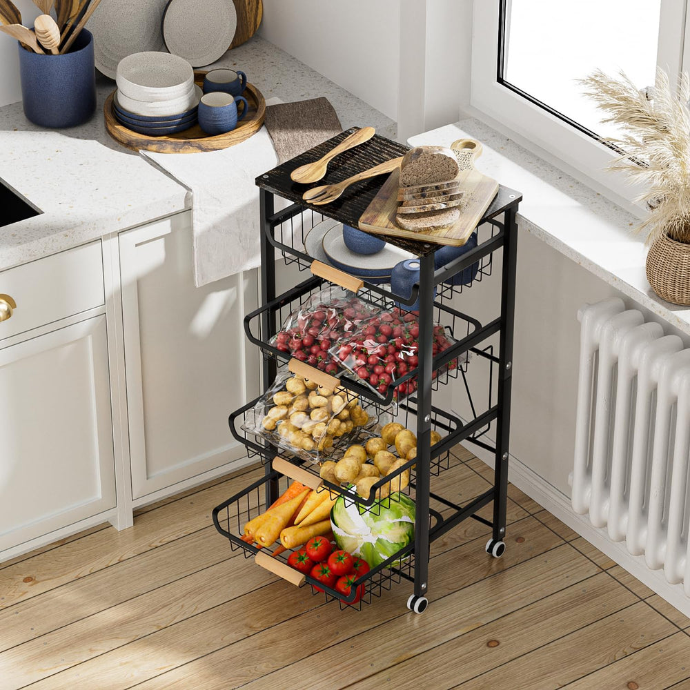 JAQ 5-Tier Fruit Vegetable Storage Cart with Wood Top, Rolling Kitchen Basket...