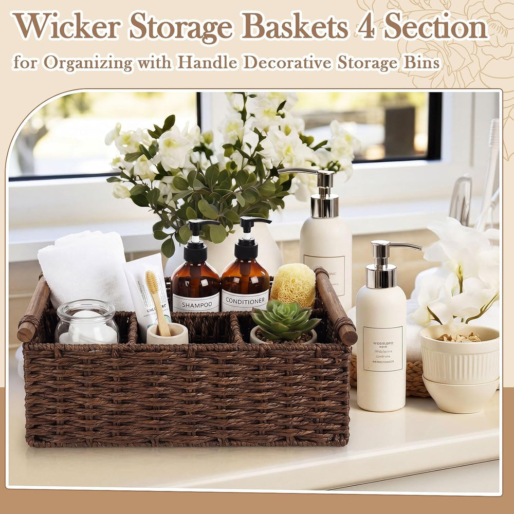 Remerry Brown Bathroom Countertop Organizer Caddy, Wicker-like Divided Basket...