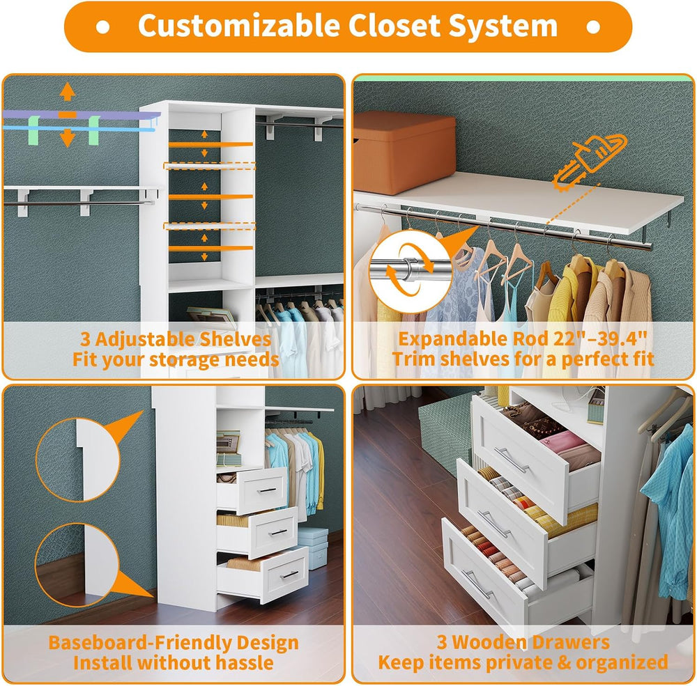 Closet System with 9 Drawers,12 Shelves,9 Rods,11FT-17FT,3 Sets,White
