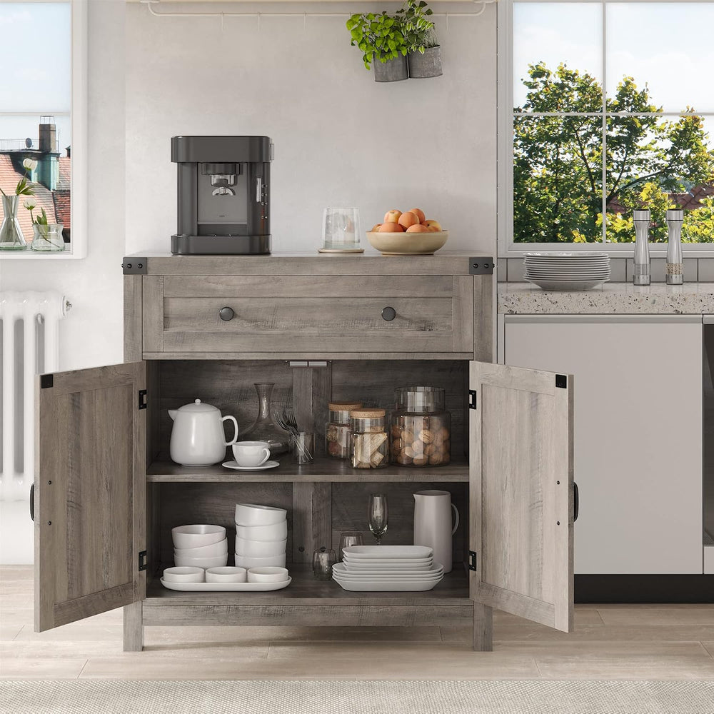 HOSTACK Kitchen Storage Cabinet, Farmhouse Coffee Bar Cabinet, Ash Gray