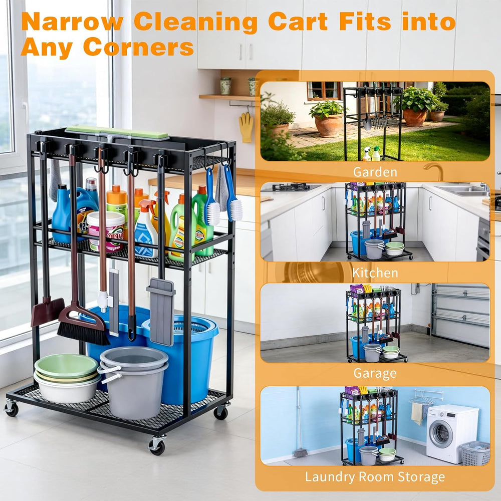 2 Levels Easy-Assembly Broom Holder Cart for Laundry