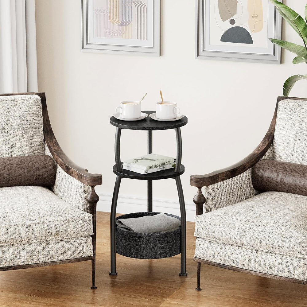 Small Round Side Table for Living Room with Storage Basket, 11.81in