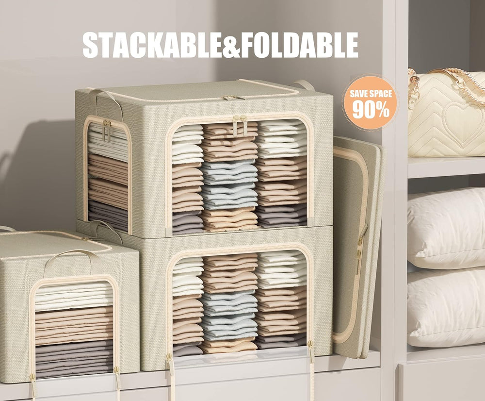3 Openings Clothes Storage Bins with Metal Frame, Foldable Storage Bin for Cl...
