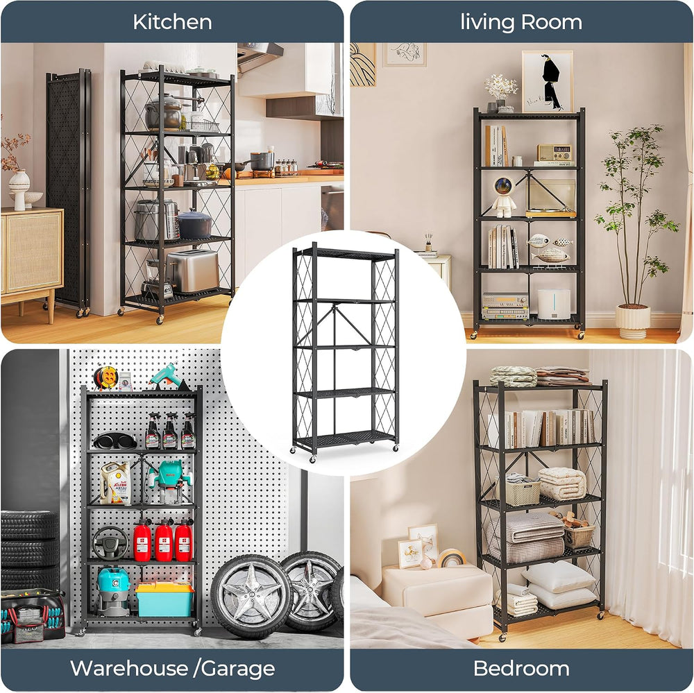Fenbeli 5 Tier Storage Shelf with Wheels - Metal Collapsible Shelving Unit Di...