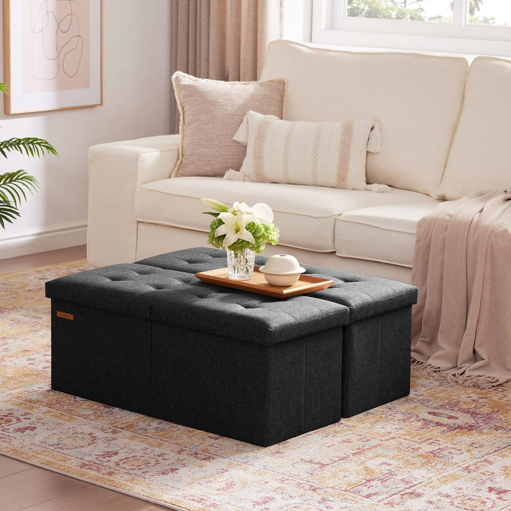 HAUSFRAU Ottoman with Storage Bench Folding Foot Rest Stool Linen Black