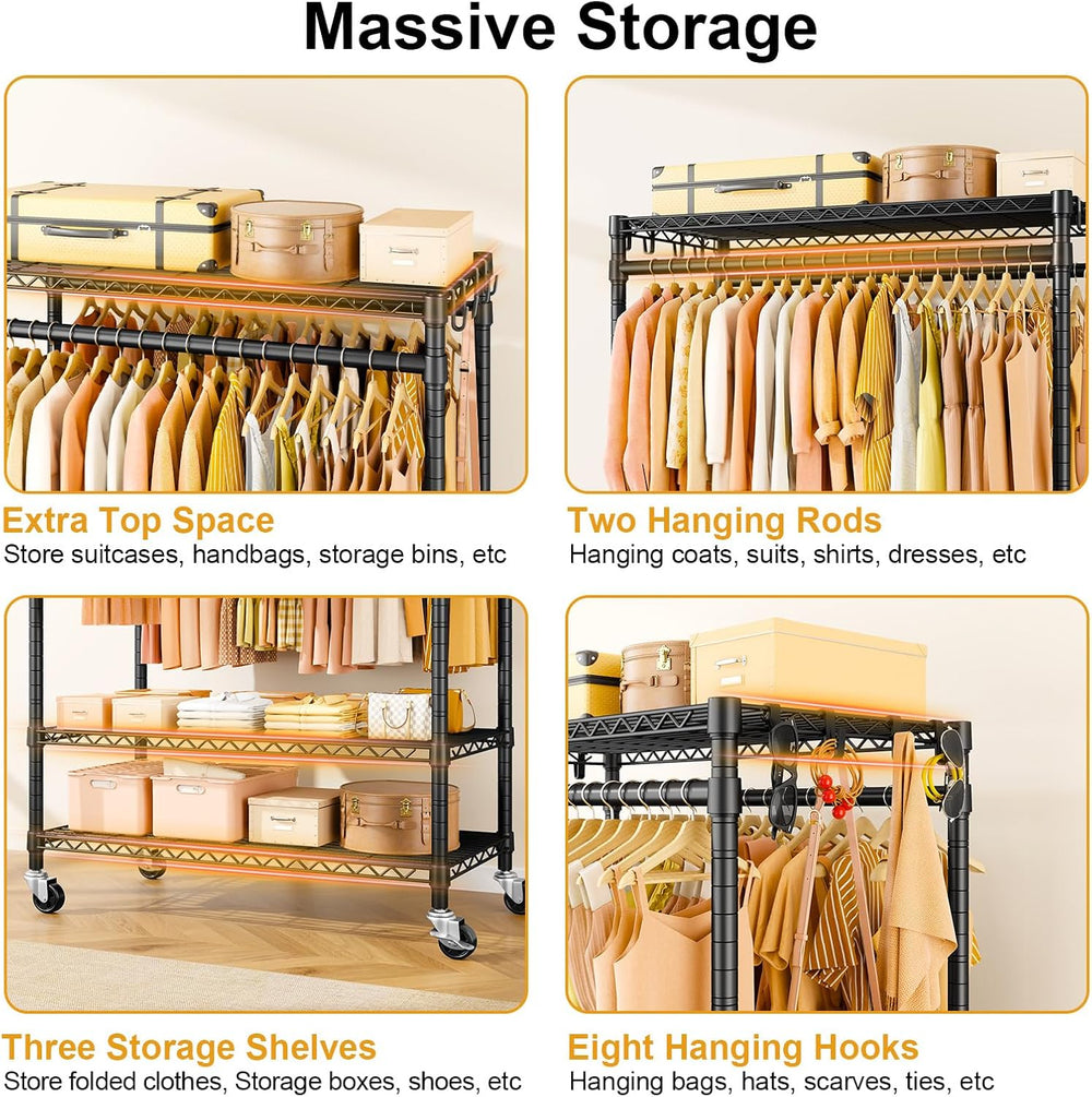 ULIFHOME Clothes Rack, Rolling Clothing Racks for Hanging Clothes, Black