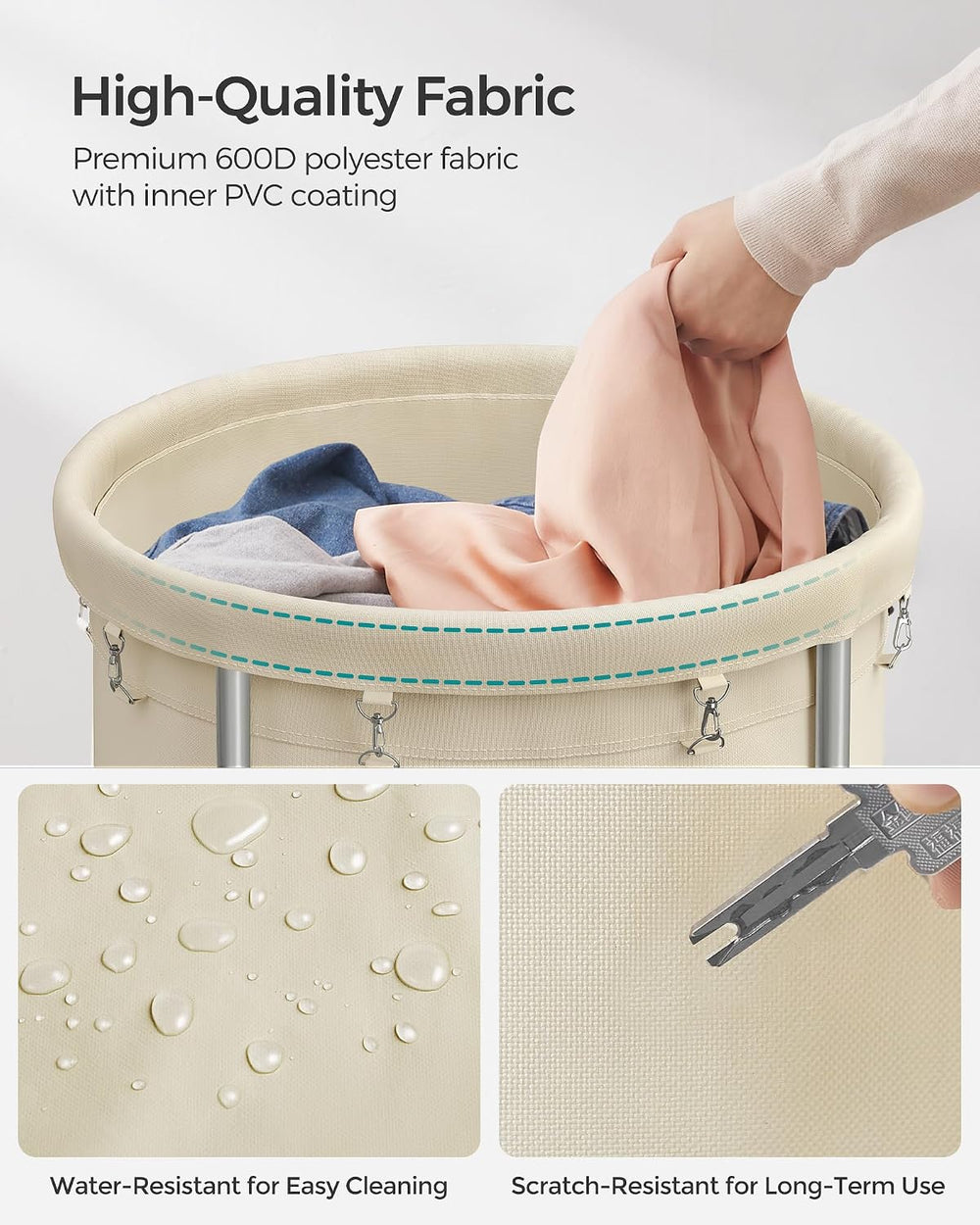 SONGMICS Laundry Basket with Wheels,190L, Steel Frame, Removable Bag