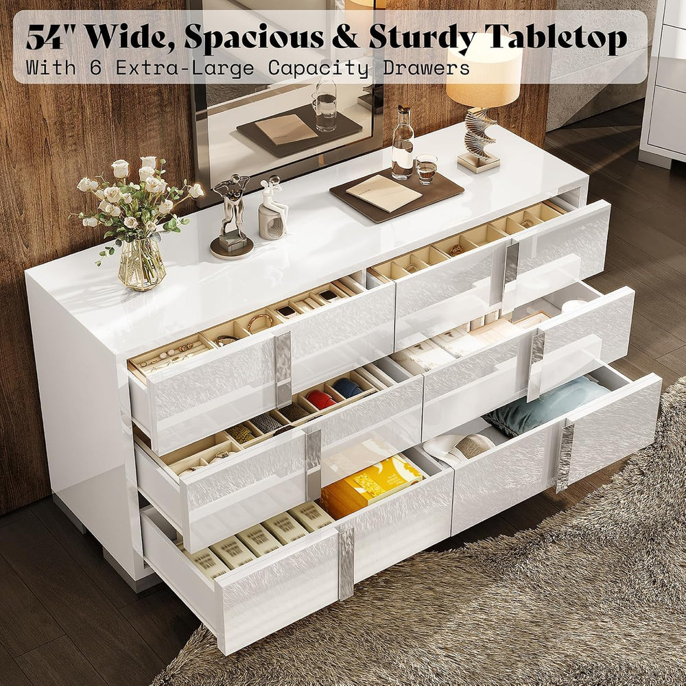 AMERLIFE 6 Drawer Dresser, Modern Storage Chest, High Gloss Finish, White