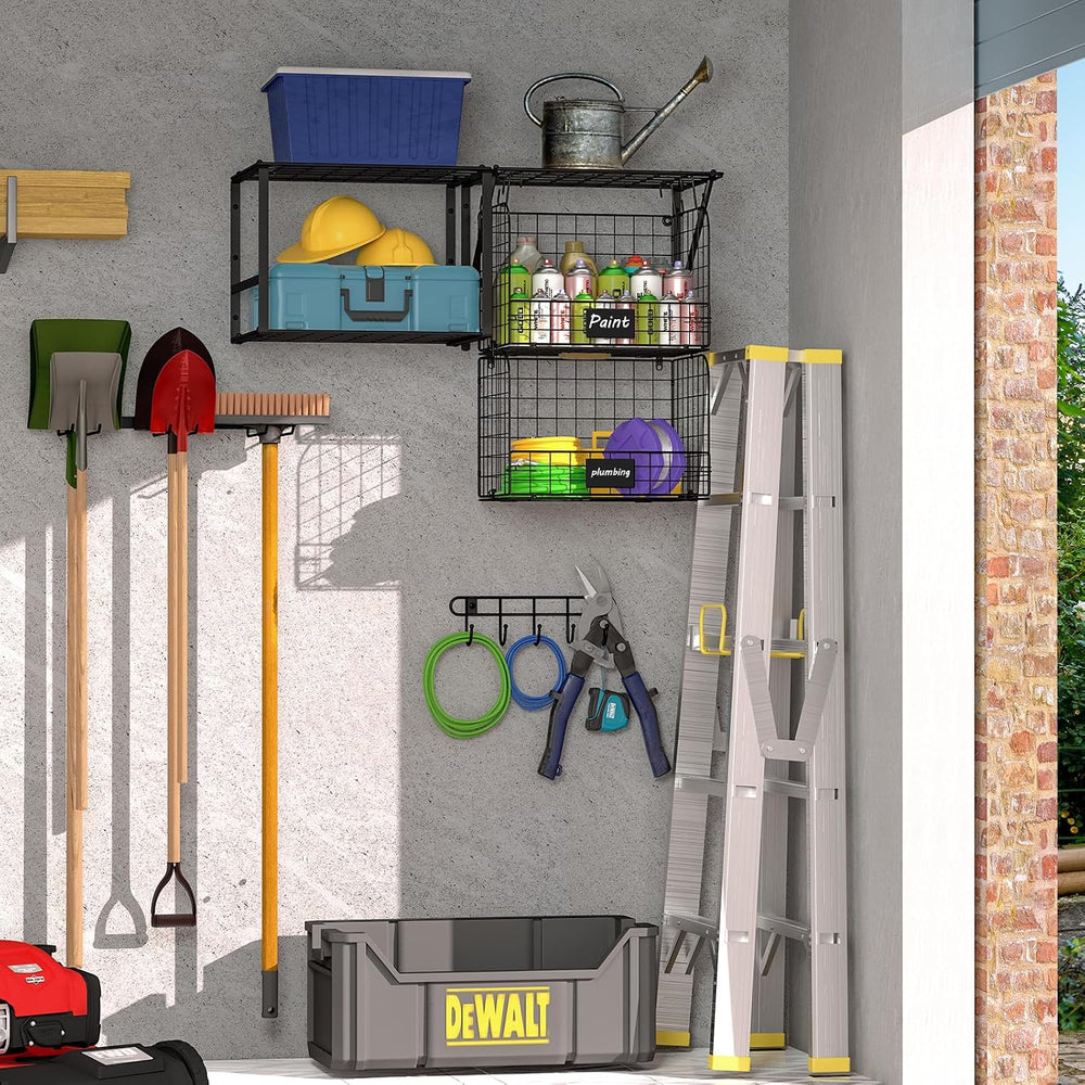 ThreeHio Garage Shelf Wall Mounted with Wire Baskets, Heavy Duty Garage Wall ...