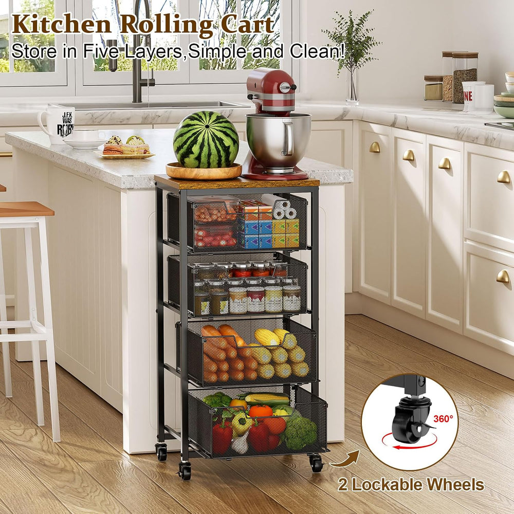 Kitchen Rolling Cart with Drawers, 4-Tier Fruit Vegetable Storage Cart on Whe...