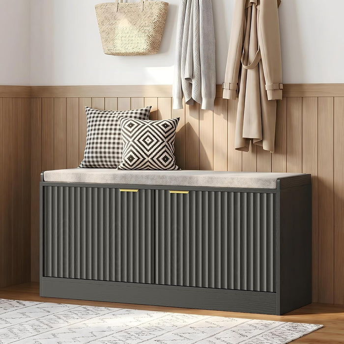 2-Tier Fluted Shoe Storage Bench with Adjustable Shelves and Cushion, Black丨Entryway Shoe Bench Hidden Shoe Cabinet Bench with 2 Doors for Hallway, Living Room, Bedroom End of Bed