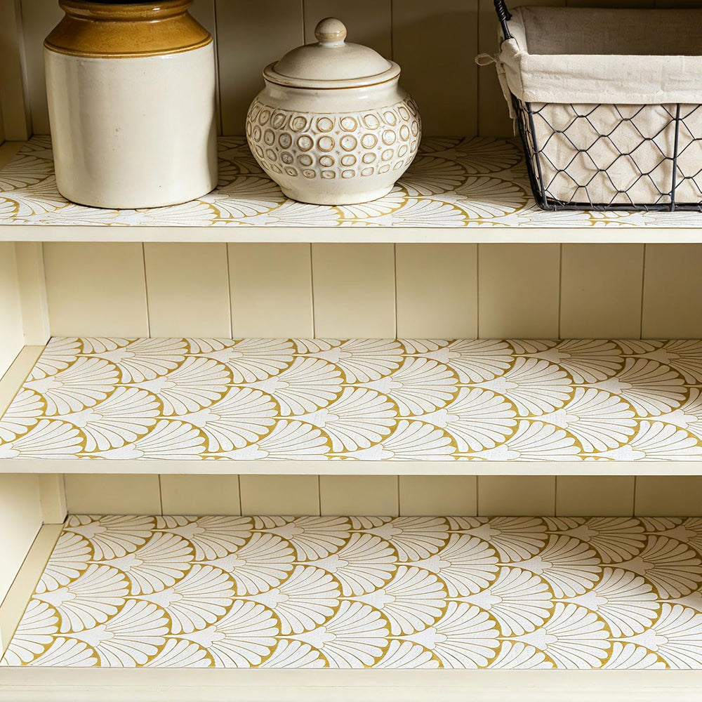 Shelf Liners Non Adhesive Gold Background White Fan-Shaped Pattern