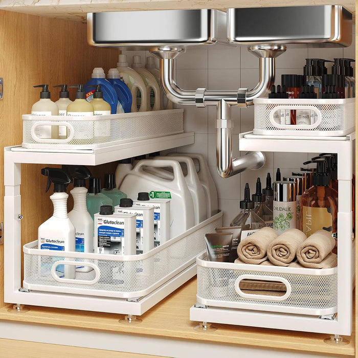 2-Pack 21.3 IN Depth Under Sink Organizer With Next-Gen Ball-Bearing Slides,Sophisticated Mesh 2-Tier Pull Out Shelf for Kitchen & Bathroom,Fits Small Items-White(Patented)