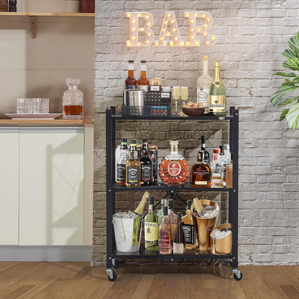 DEANIC 3 Tier Foldable Storage Shelves with Wheels, Kitchen Appliance Stand, ...