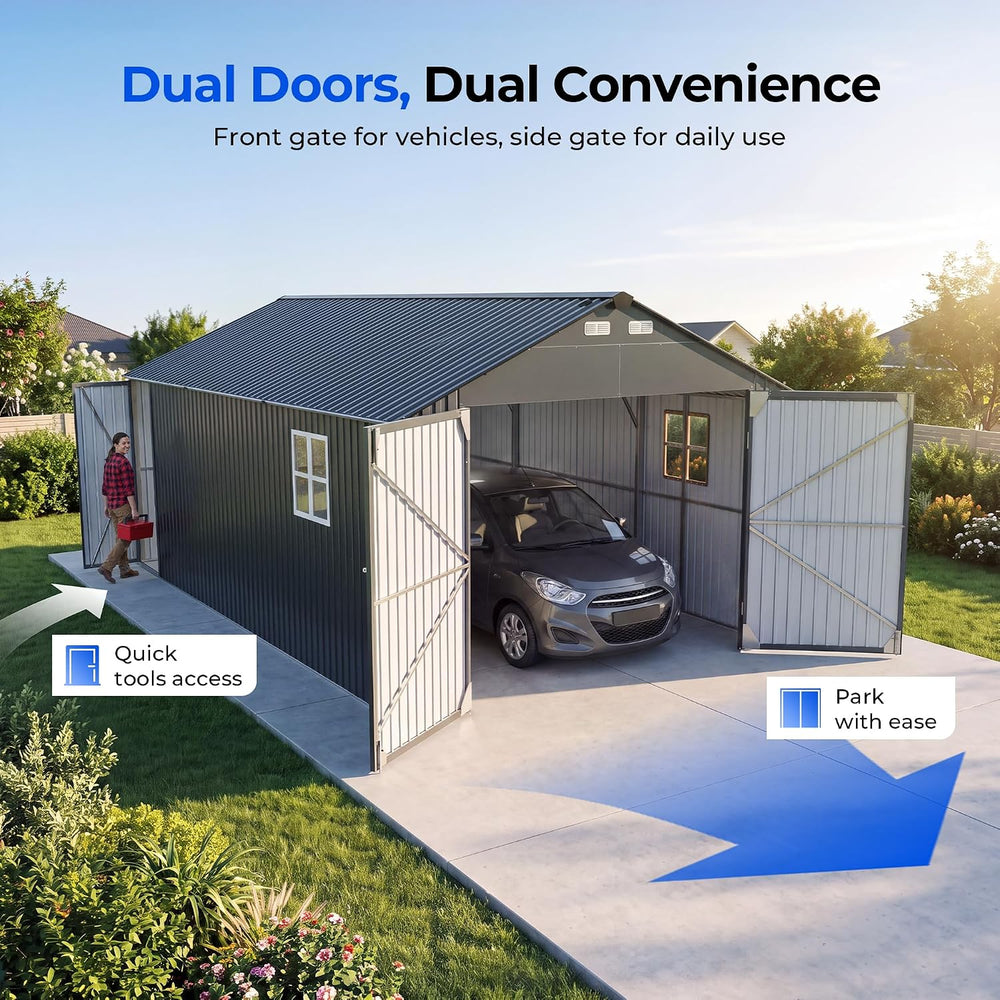 9.5FT Tall Outdoor Metal Garage 13x20FT, Built-In Solar Lights Storage Shed