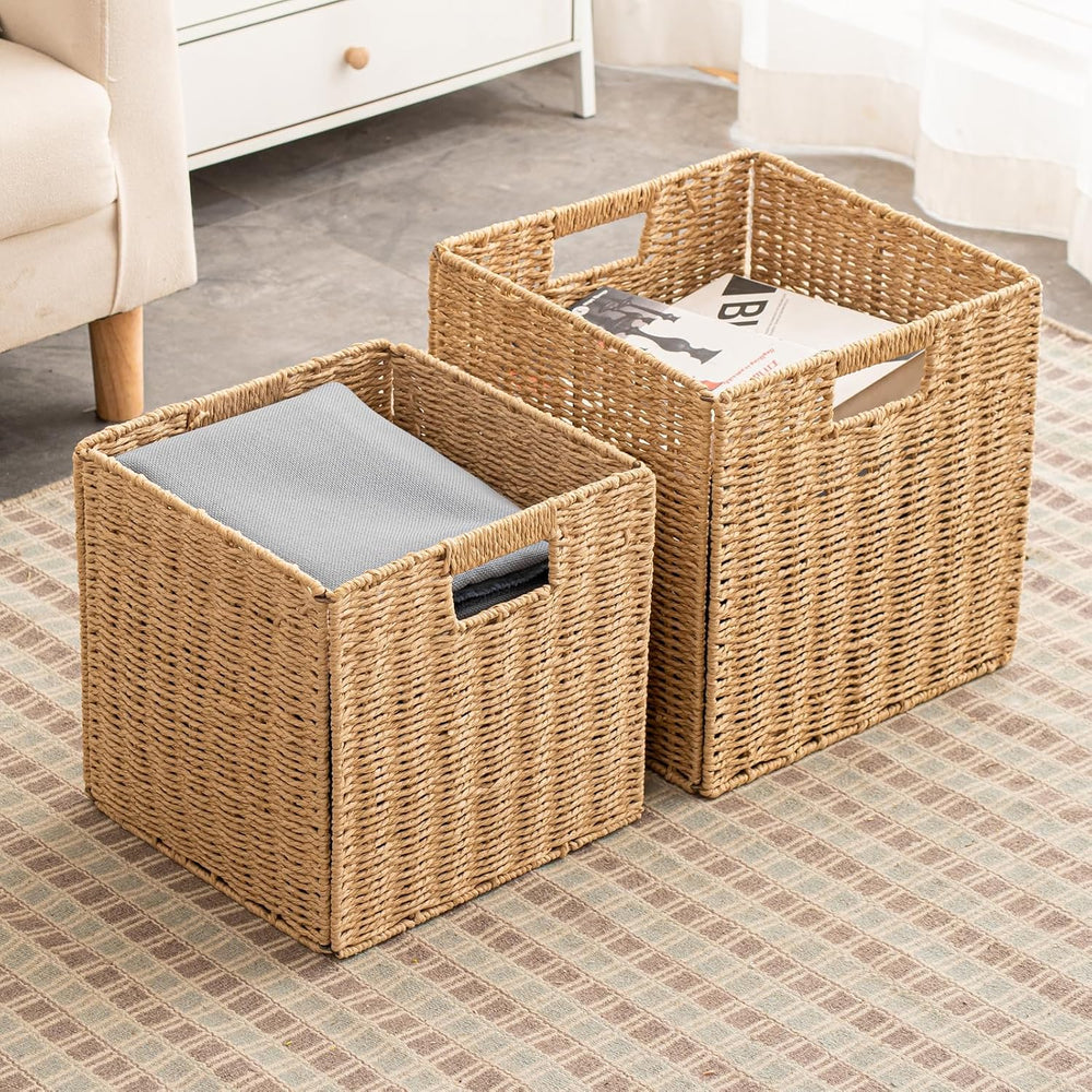Foldable Storage Baskets with Handles Paper Rope Storage Baskets Rectangle Co...
