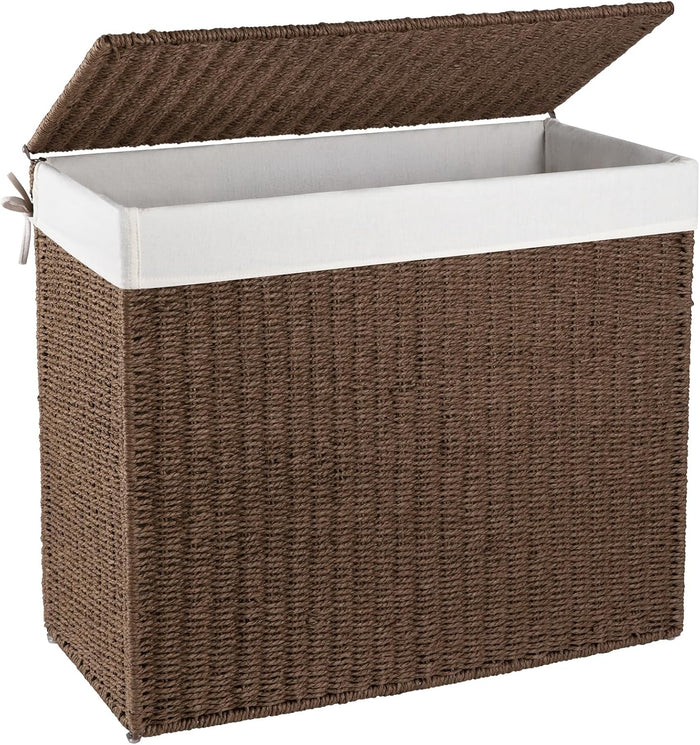 OIAHOMY Laundry Hamper with Lid, 140L(35.7 Gal) Large Wicker Laundry Basket for Bedroom, Handwoven Paper Rope Clothes Hamper with Washable Liner & Metal Frame, Decorative Organizer for Bathroom Brown
