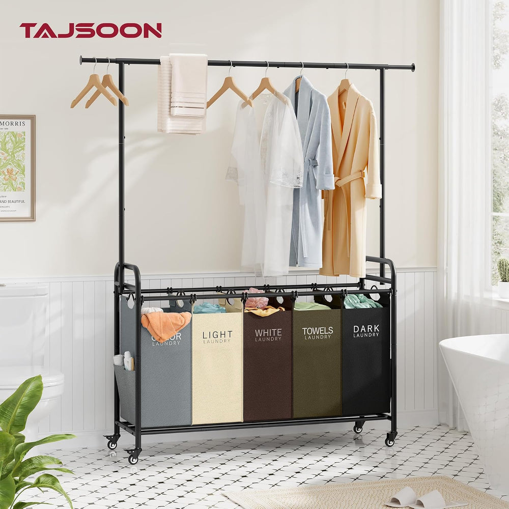 Tajsoon Laundry Sorter Cart with Hanging Rack, 5 Section, 5 Colors