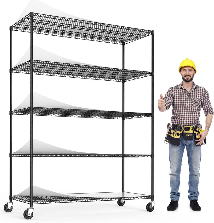 Dolonm 5 Tier Wire Shelving Unit, 7500 LBS NSF Storage Shelf, 24"D x 60"W x 82"H, Kitchen Shelf with Liners, Garage Storage Shelves with Wheels, Heavy Duty Metal Pantry Racks, Adjustable Shelf, Black