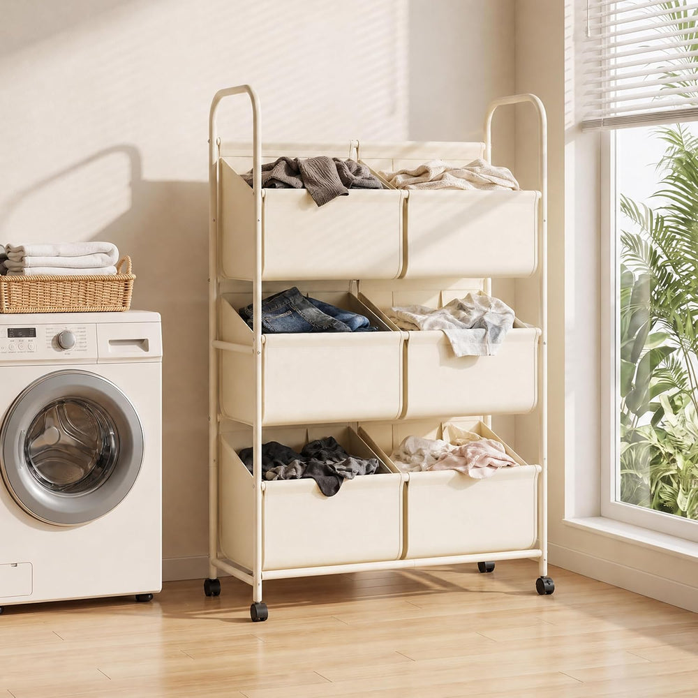 3-Tier Double Column Vertical Rolling Laundry Hamper,6 Removable Bags