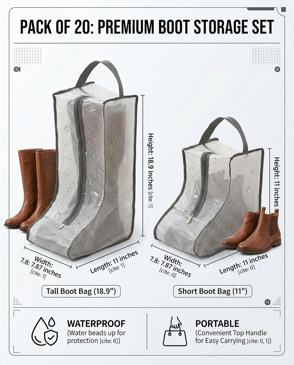 20 Pack Boot Storage Bags, Waterproof PVC Clear Shoe Bags with Zipper and Han...