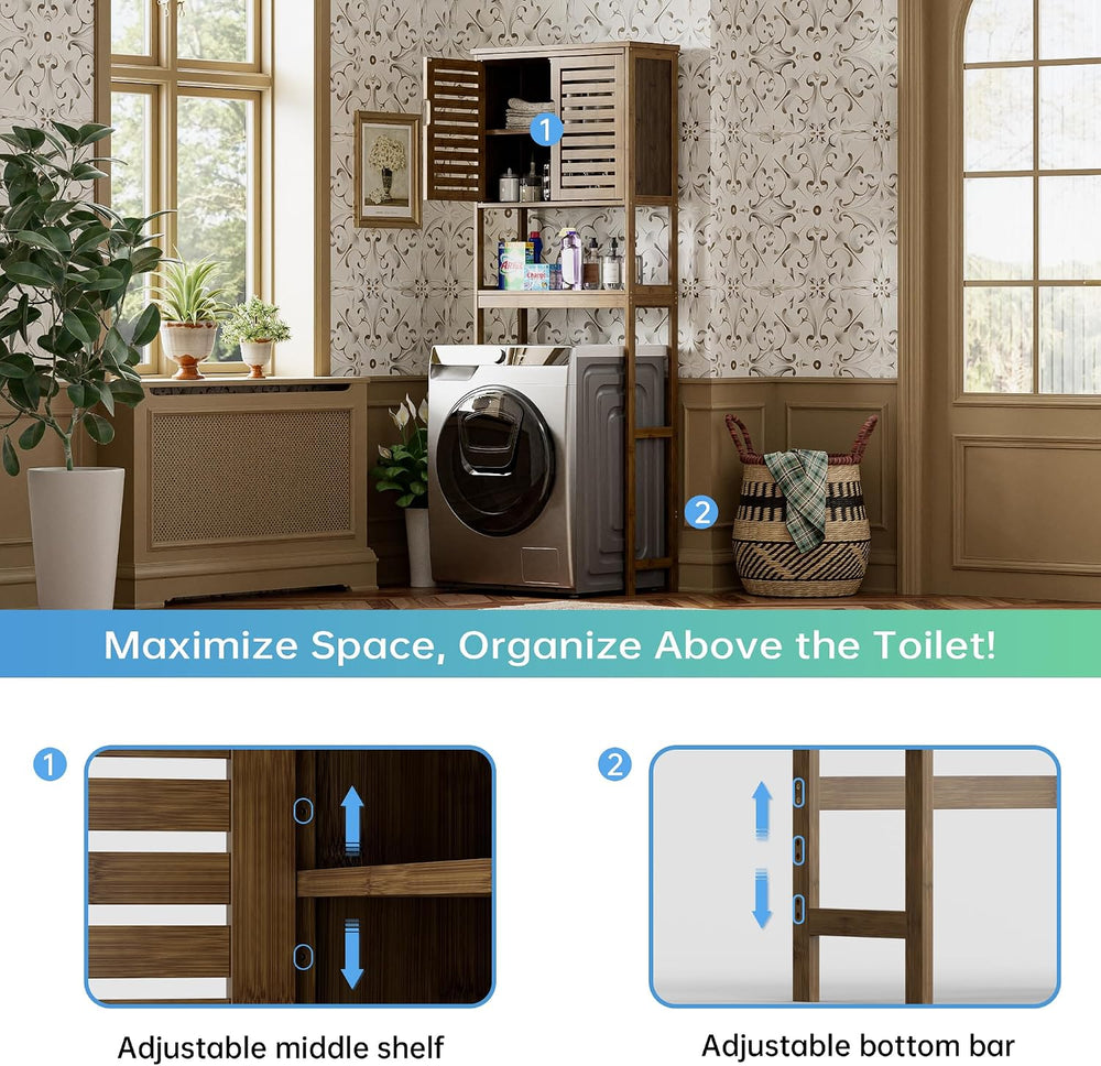 SMIBUY Bathroom Storage Shelf with Cabinet, Bamboo Over-The-Toilet Organizer ...