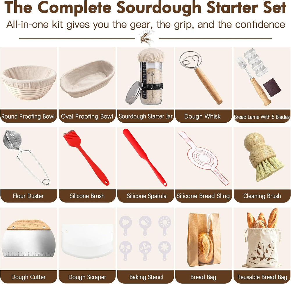 Sourdough Starter Kit with Rattan Banneton Baskets, Jars, Baking Tools