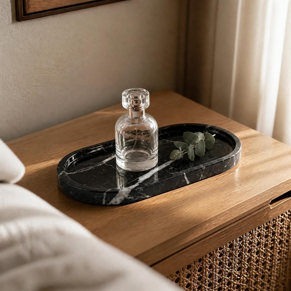 YKAJO Nero Marquina Oval Marble Tray, 9.8x4.7 Vanity Perfume Organizer