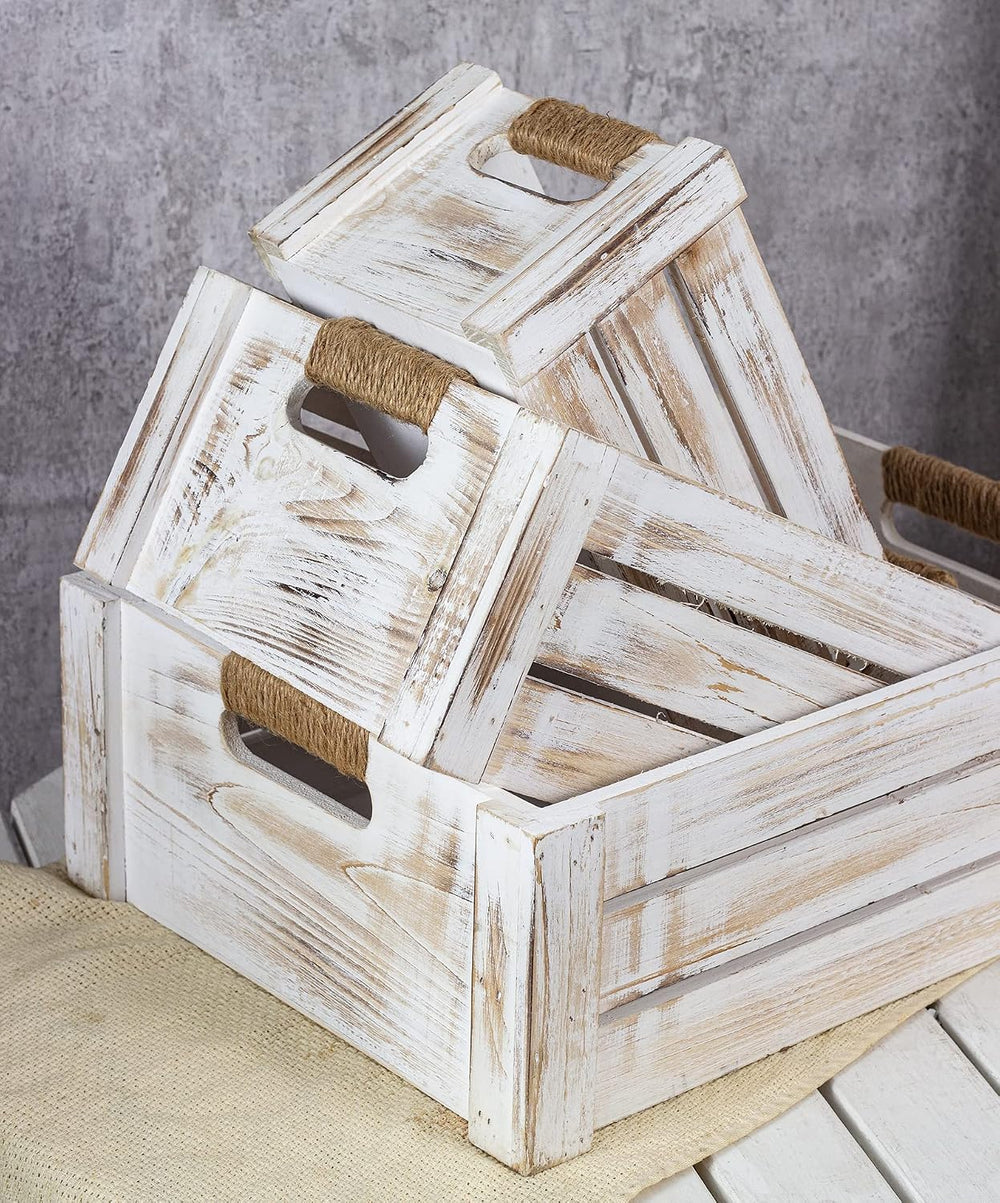 TIMRIS Set of 3 Rustic Wood Nesting Crates, Farmhouse Wooden Storage Containe...