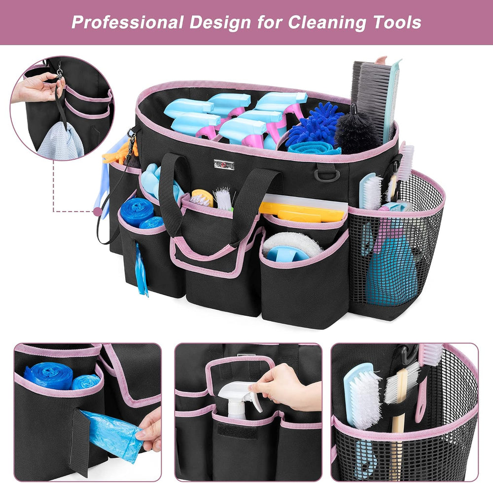 LoDrid Cleaning Caddy Bag with 3 Compartments and Shoulder Strap, Pink Edge