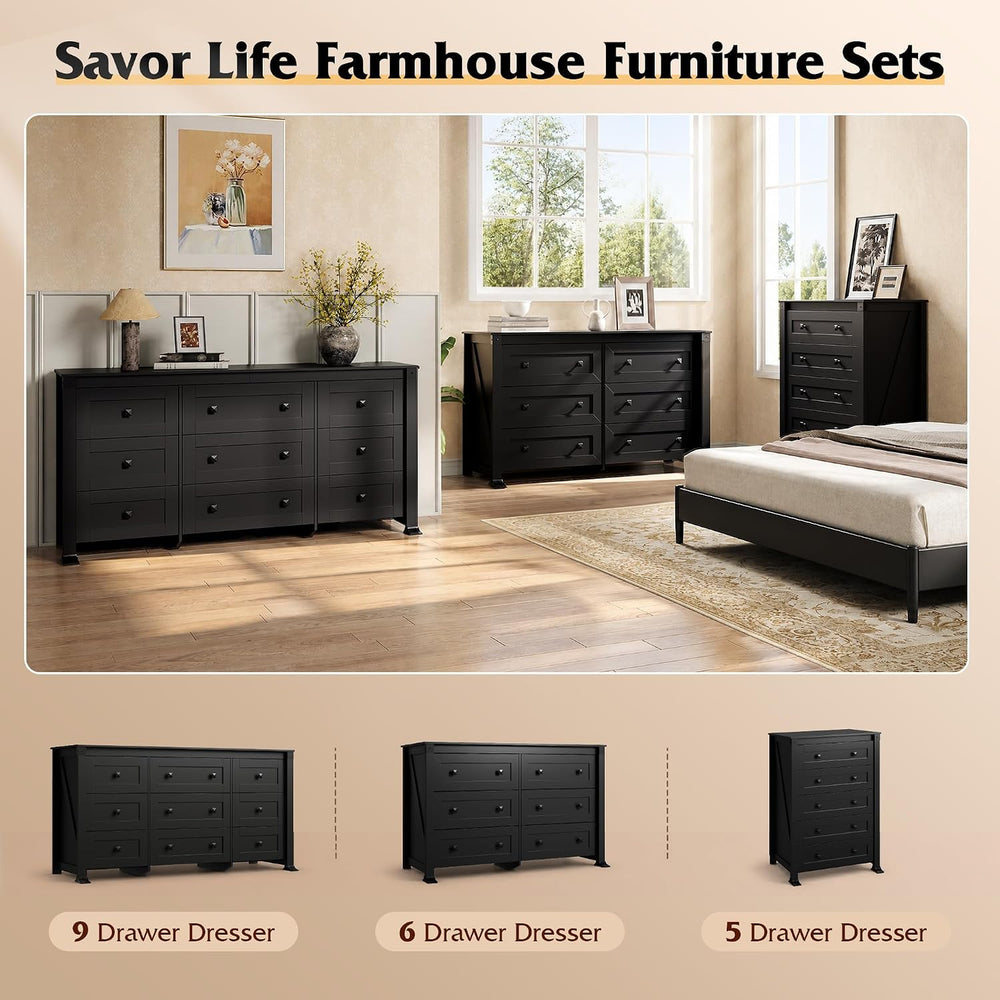 WLIVE 9 Drawer Dresser Black, 62" Wide Wooden Chest with Anti-Tip Structure