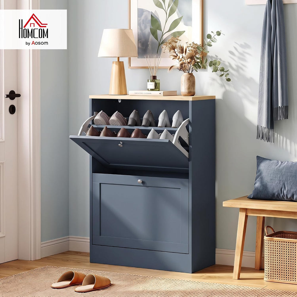 HOMCOM Shoe Storage Cabinet with 2 Flip Drawers, Entryway, Blue
