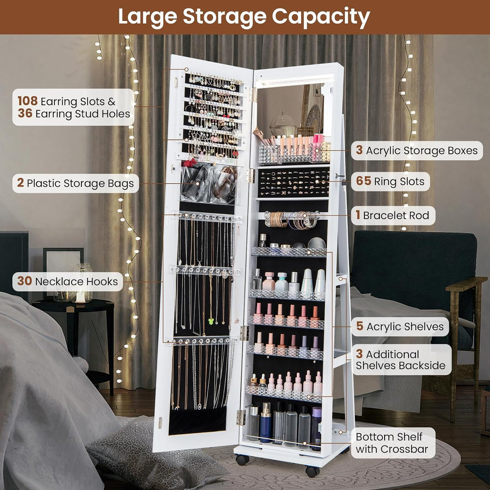 LOKO 360° Rotating Jewelry Organizer, Lockable Jewelry Armoire (White)