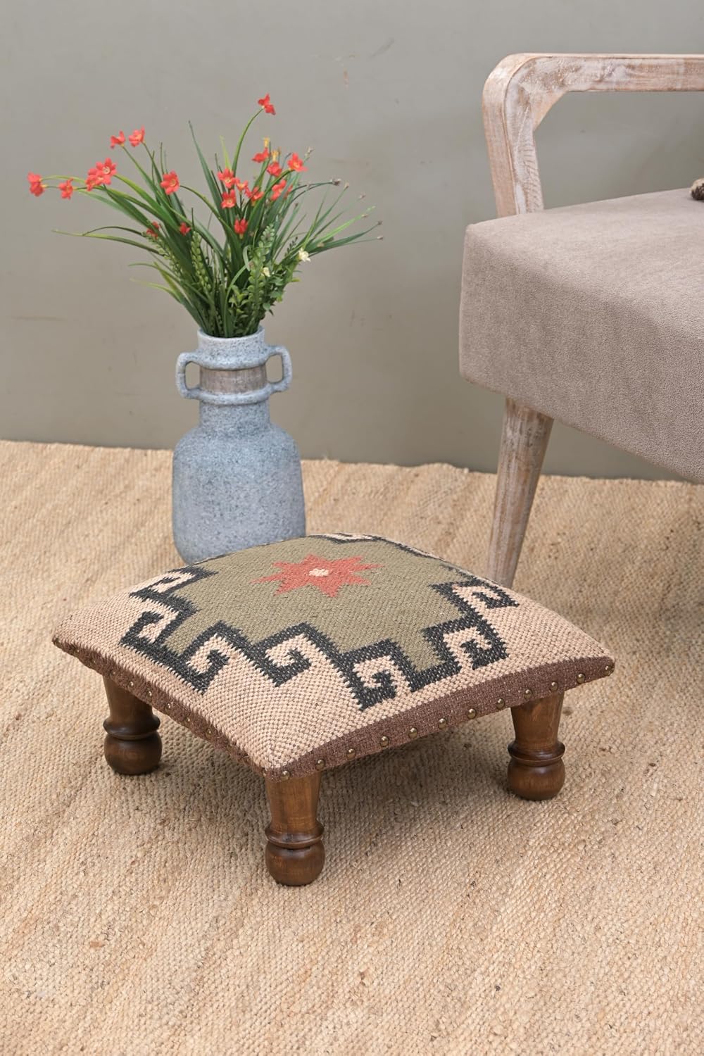 Upholstered Ottoman Footstool with Tribal Aztec Fabric | Rustic Wooden Accent...