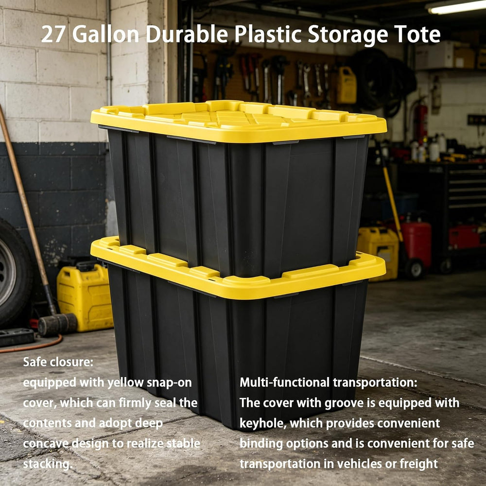 Plastic Storage Tote, Large 27 Gallon, Black and Yellow, 6 Pack