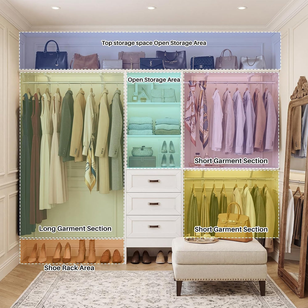 8FT Closet System with 3 Curved Drawers, 96'' Wooden Walk-in Closet O...