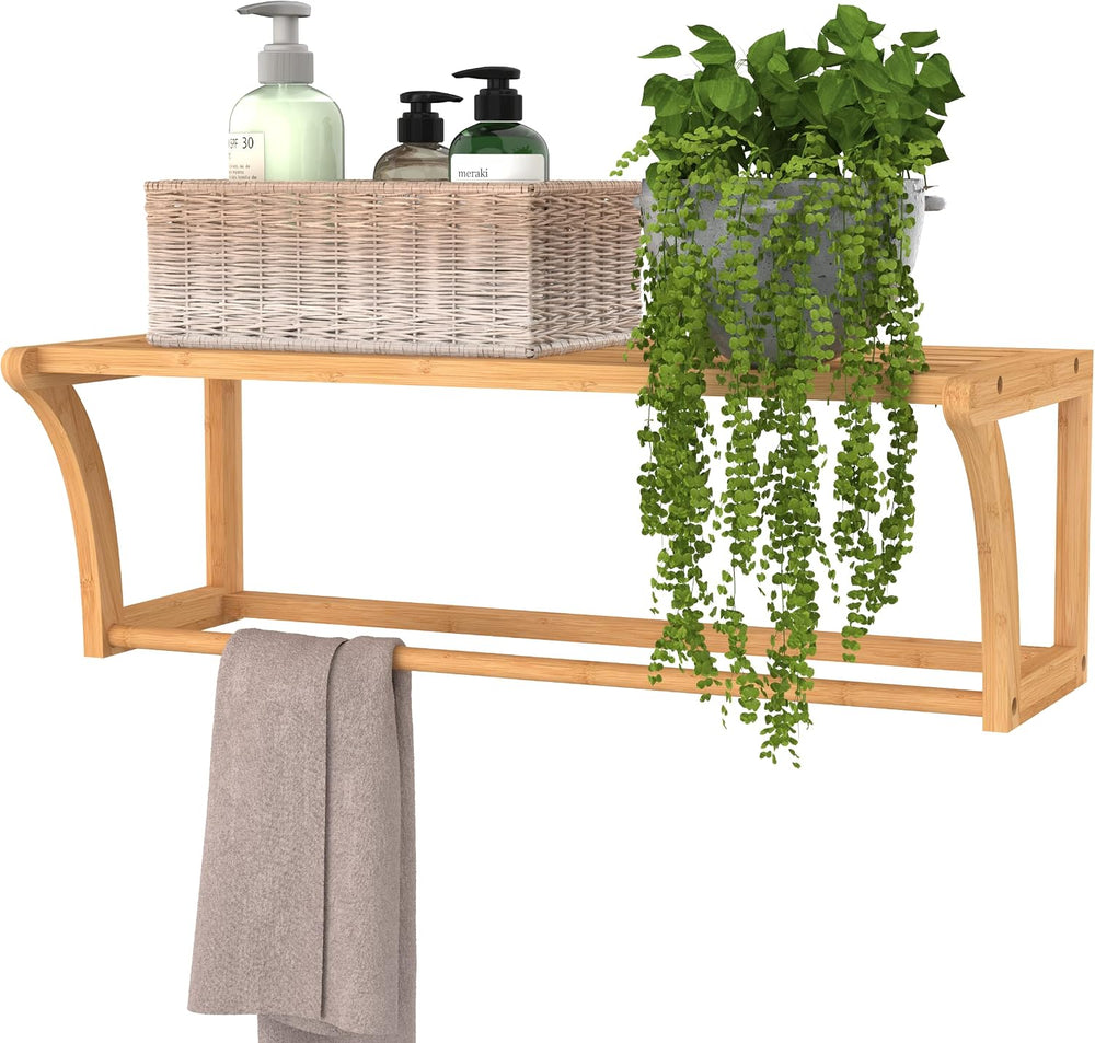 ClosetMaid Bamboo Wall Shelf with Towel Bar, Wall Mount Storage Shelves, Orga...