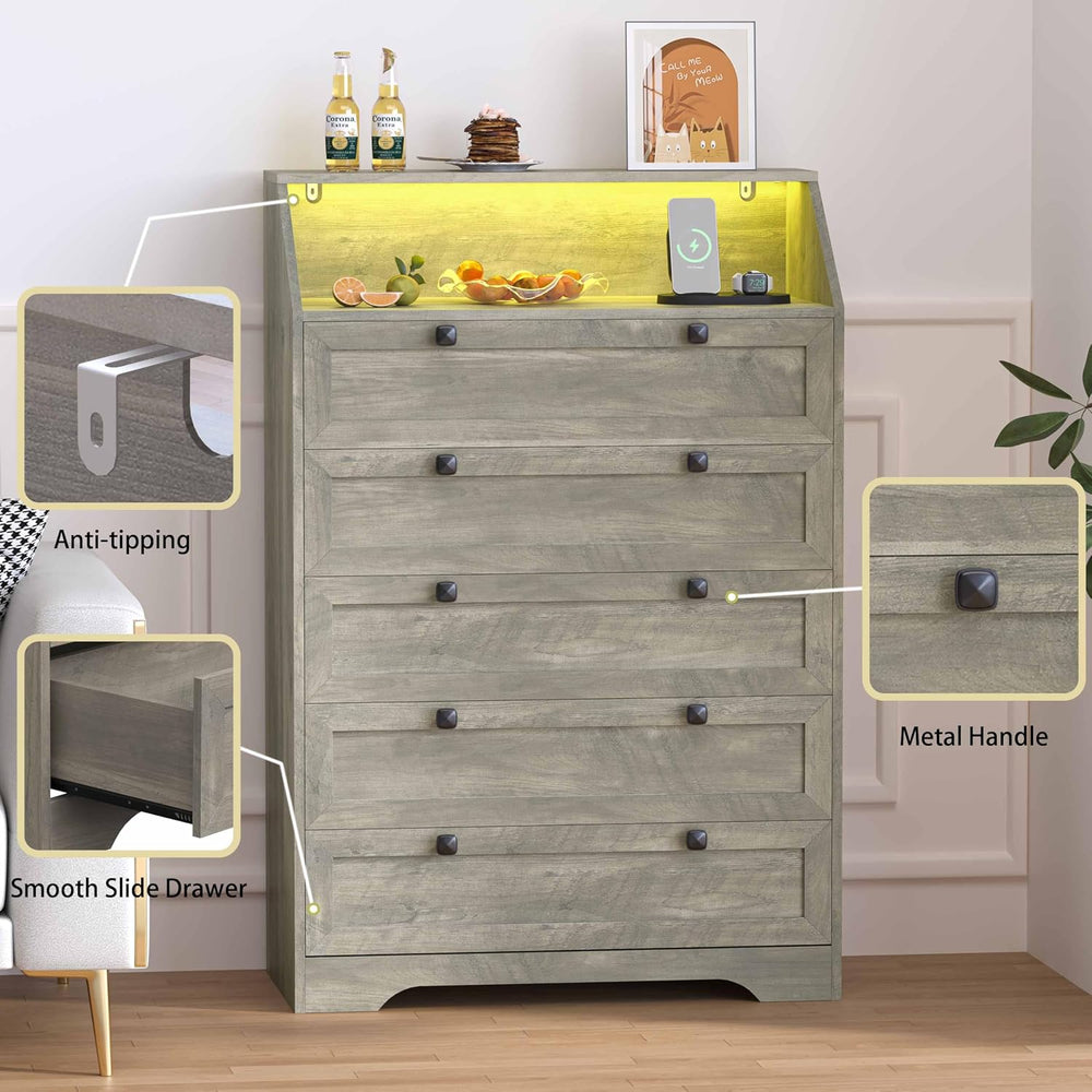 Wodeer Grey Dresser Tall 5 Drawer Dresser for Bedroom, Wood Chest of Drawers ...