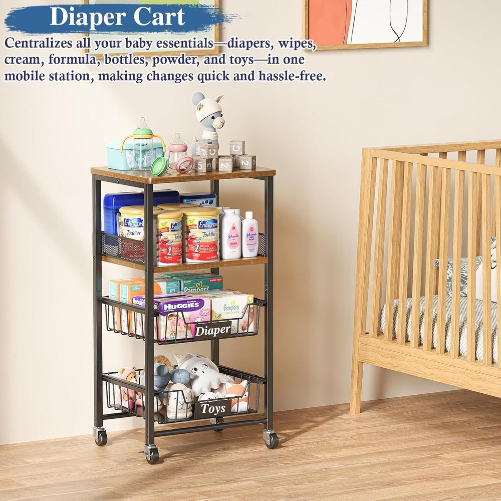 OKZEST 4-Tier Rolling Storage Cart with Upgraded Drawer Basket & Wood Shelf