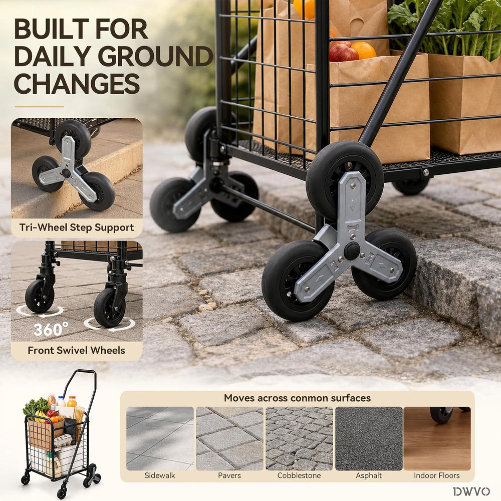 DWVO Folding Stair Climbing Cart, 360° Tri-Wheel Grocery Cart for Stairs