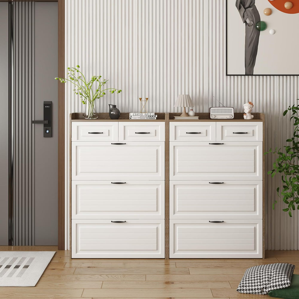 Shoe Cabinet with 3 Doors 2 Drawers, Wooden Narrow Shoe Storage Cabinet for E...