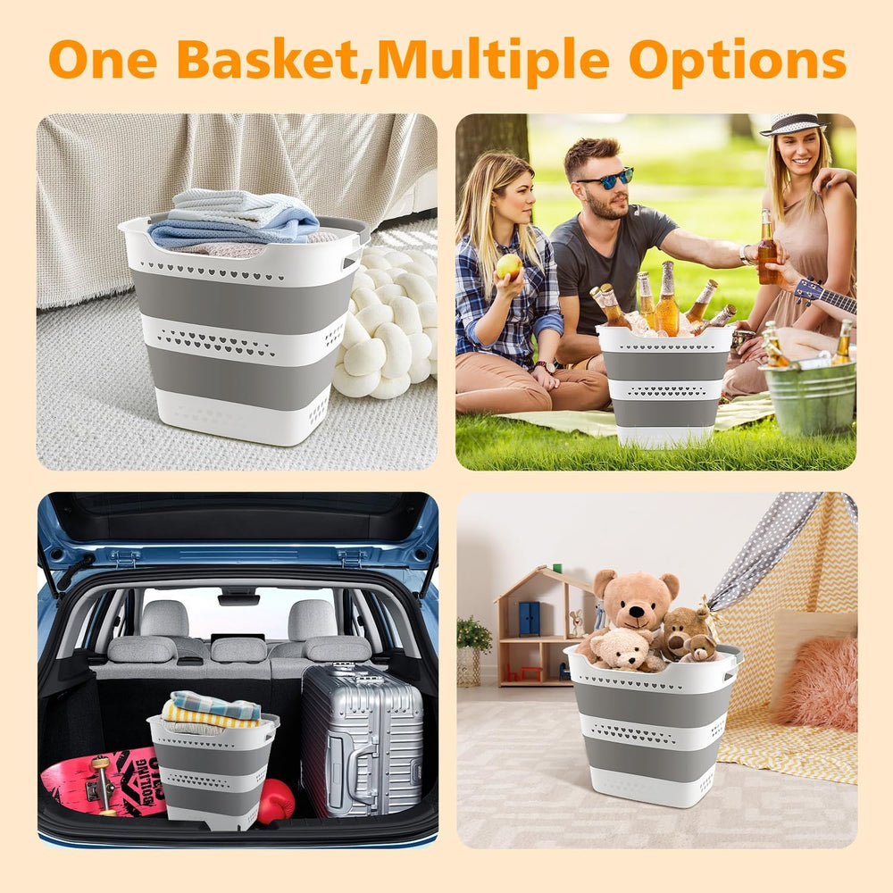 2 Pcs 42L Medium Collapsible Plastic Laundry Basket with Handles, Foldable La...