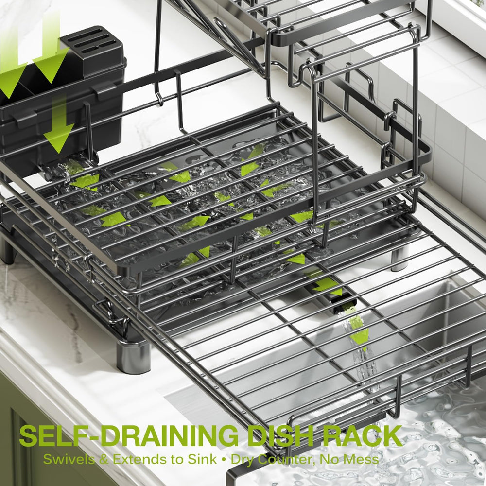 2-Tier Expandable Dish Drying Rack for Kitchen Counter, Black