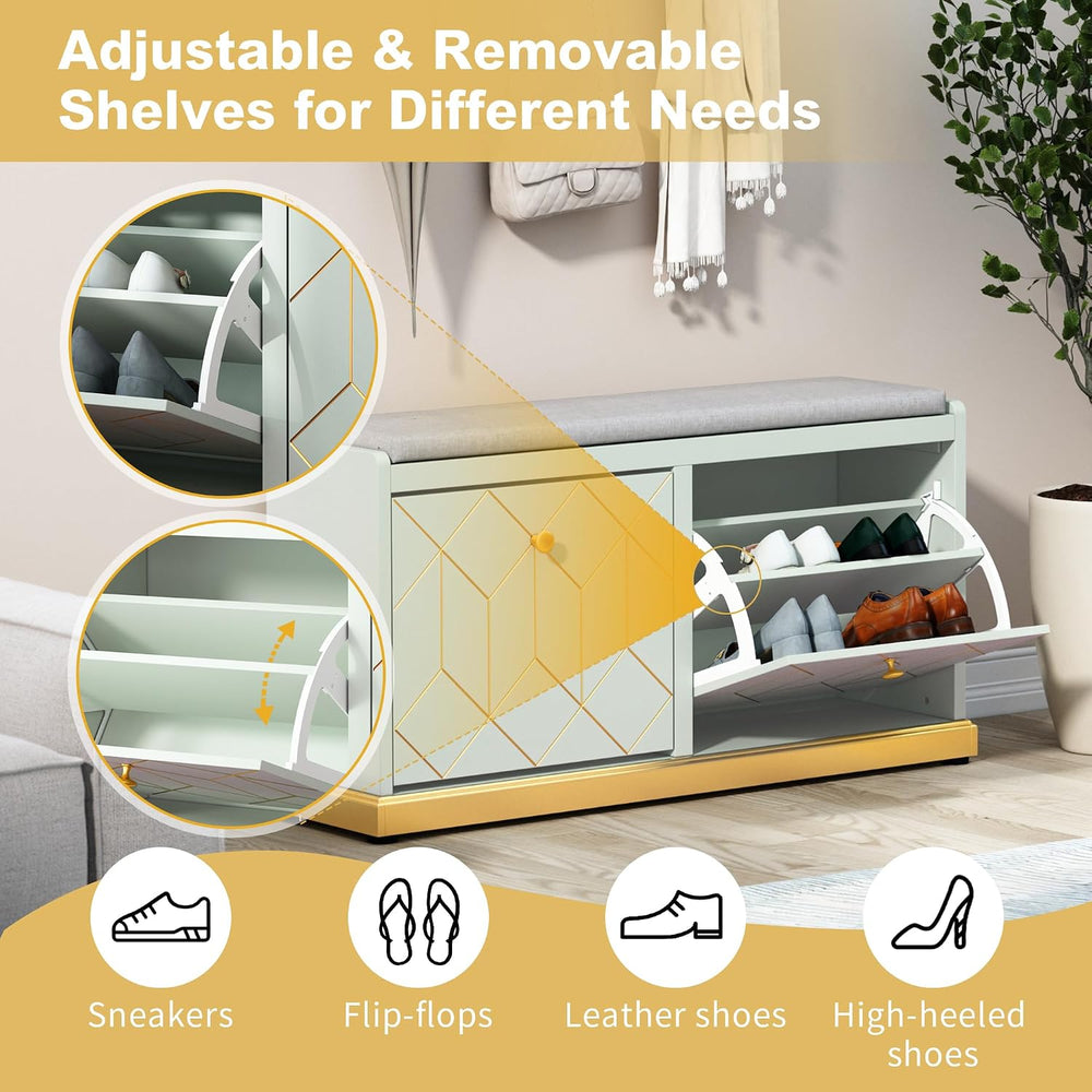 HLR Shoe Storage Bench with 2 Flip Drawer & Padded Cushion Seat