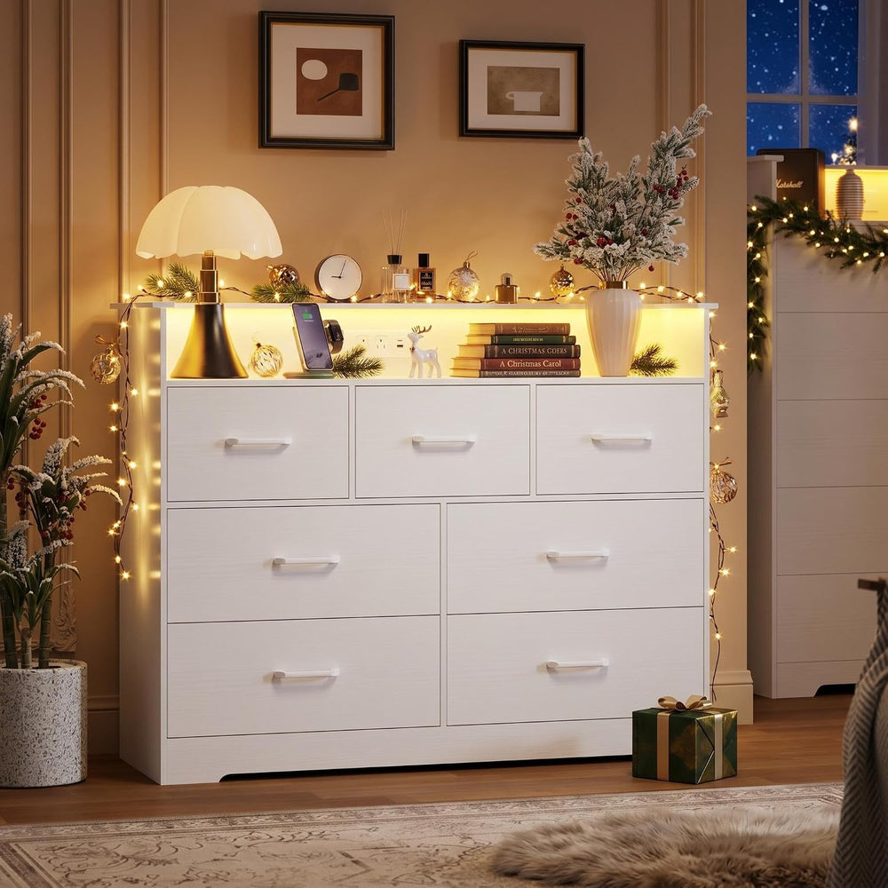 Garvee 7 Drawer Dresser with LED Light and Charging Station, White