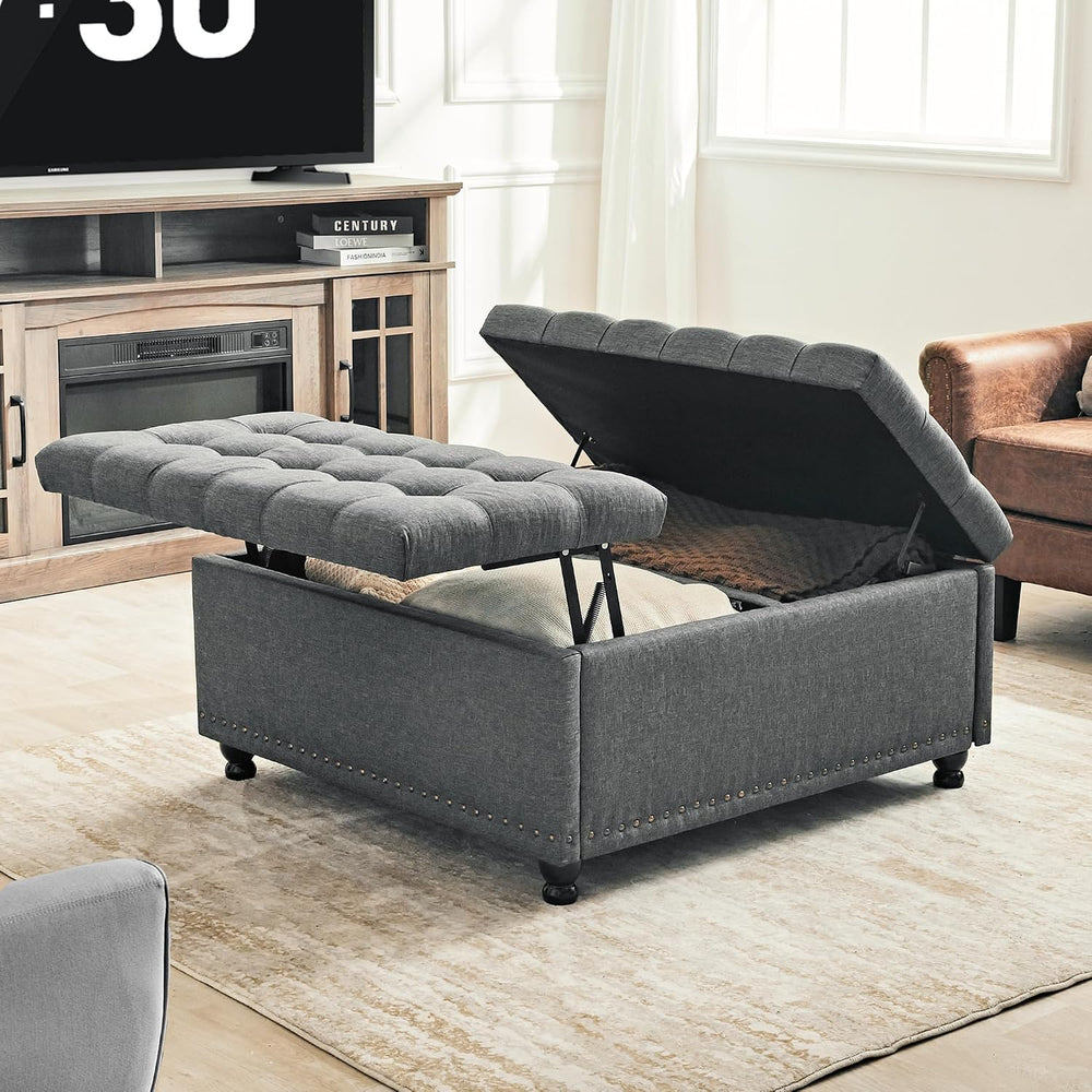 Redlife 35 Inch Large Square Storage Ottoman, Coffee Table Ottoman, Linen