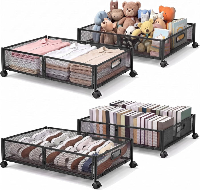 VECELO Under Bed Storage Containers with Wheels, Foldable Shoe Organizer Drawer with Handles, Space Saving for bedroom, Tool-free Assembly, 4 Pack
