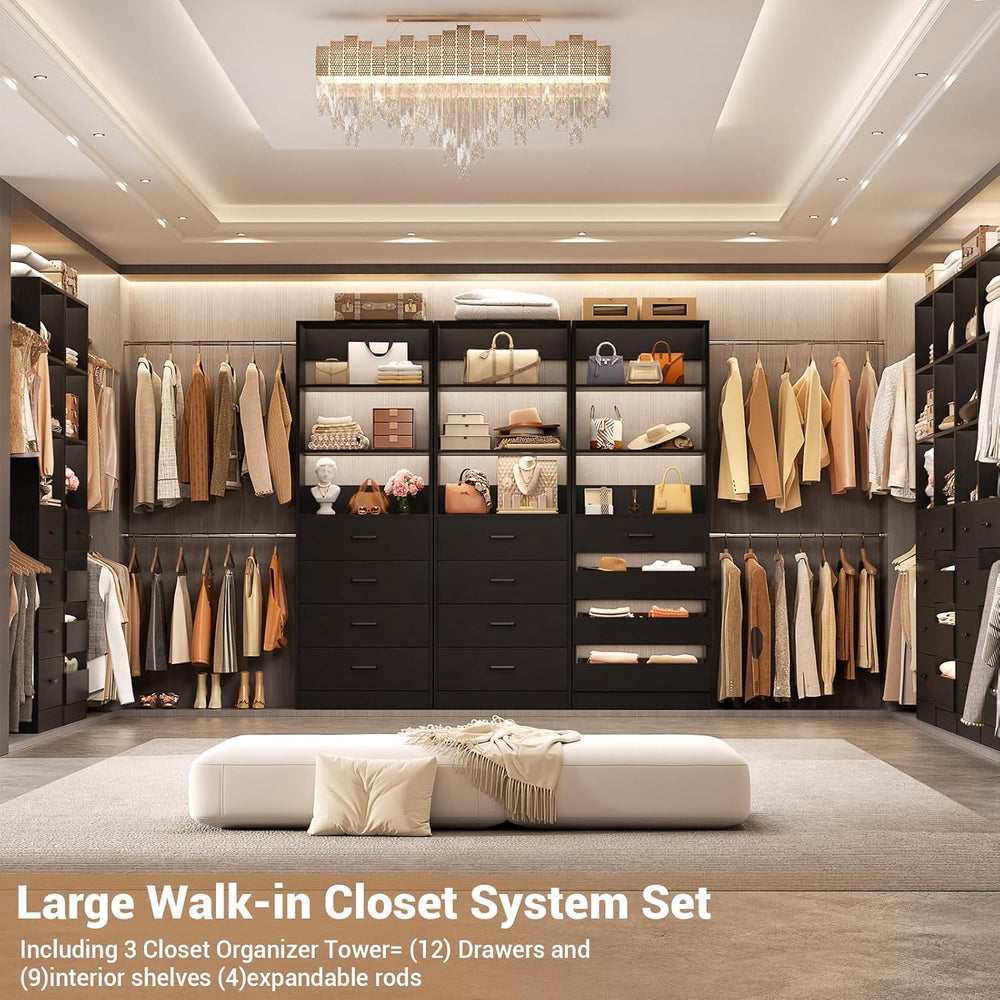 Aheaplus Closet System with 12 Drawers, 8.5-11.5Ft Wood Closet Organizer